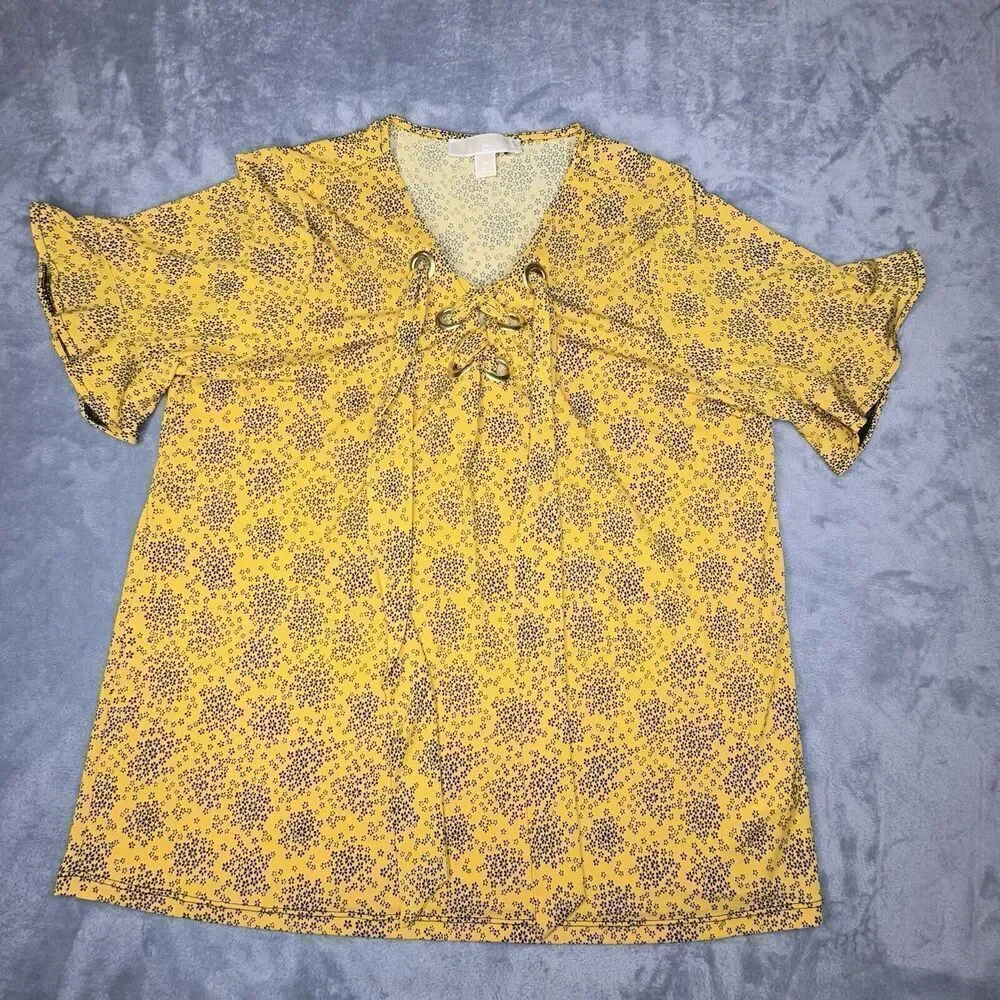 Michael Kors Sz M Floral Tie Flare Sleeve Popover Tunic Blouse Shirt Gold HW